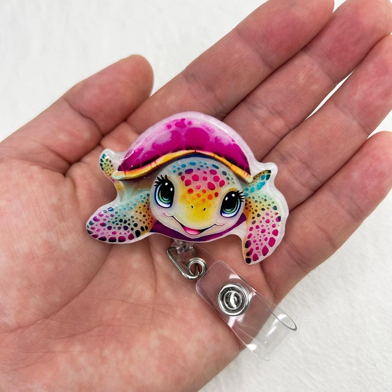Bydevia Pink Sea Turtle Badge Reel Retractable for Nurse Nursing Student RN MA CNA LPN Medical Worker & Teacher, Cute Ocean Animal Badge Reel, Pediatric Nurse Turtle Badge Holder with Alligator Clip | Acrylic - Image 3